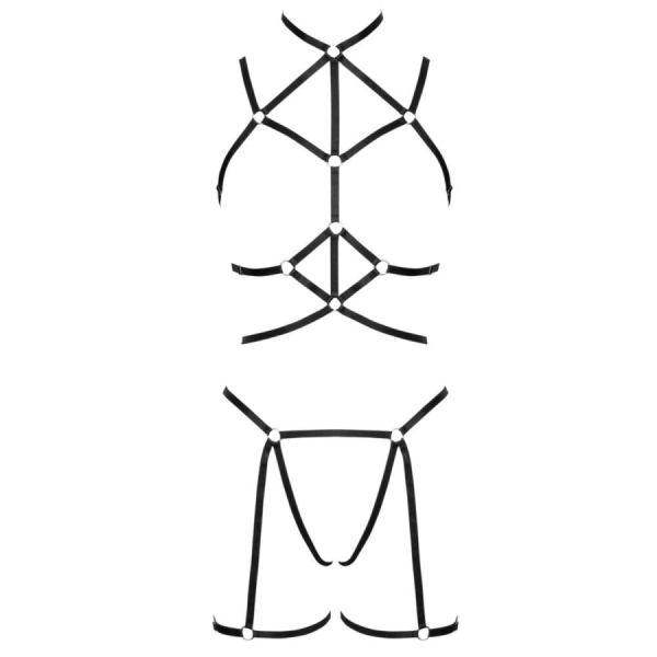 Ensemble 3 pièces soutien-gorge harnais, porte-jarretelles et string 
